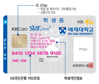 IC Chip: 현금 및 체크카드, 전자통장기능/KB국민은행 카드번호/학생개인정보